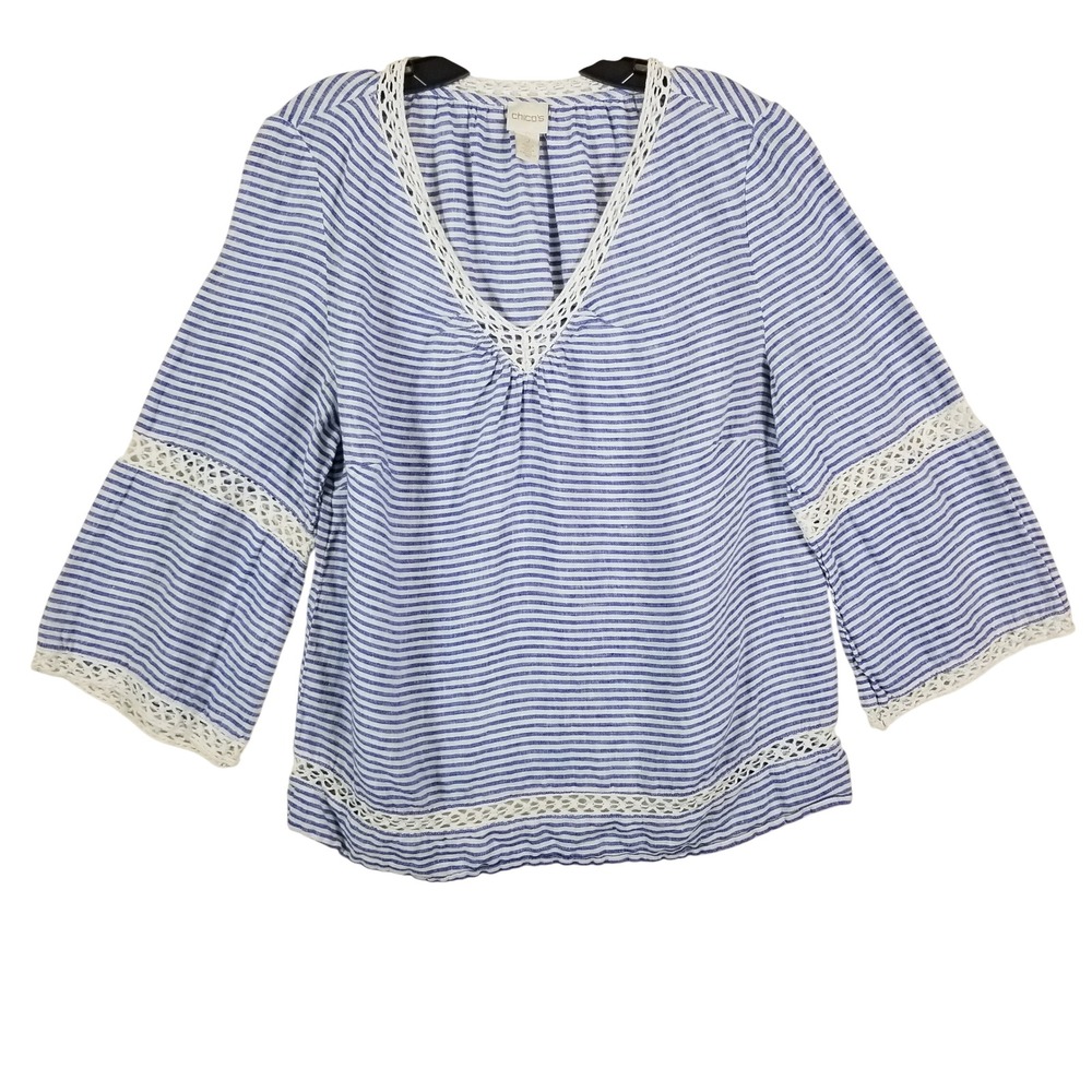 Chicos Blue White Striped Linen Blouse Crochet Lace Trim V-Neck Top Size 2 L